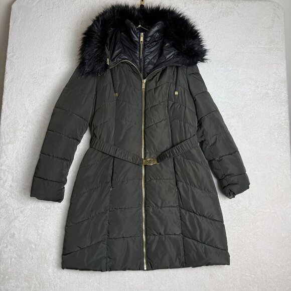 GUESS Women's L Long Quilted Jacket with Faux-Fur Hood Dark Deep Olive Winter - Picture 1 of 12